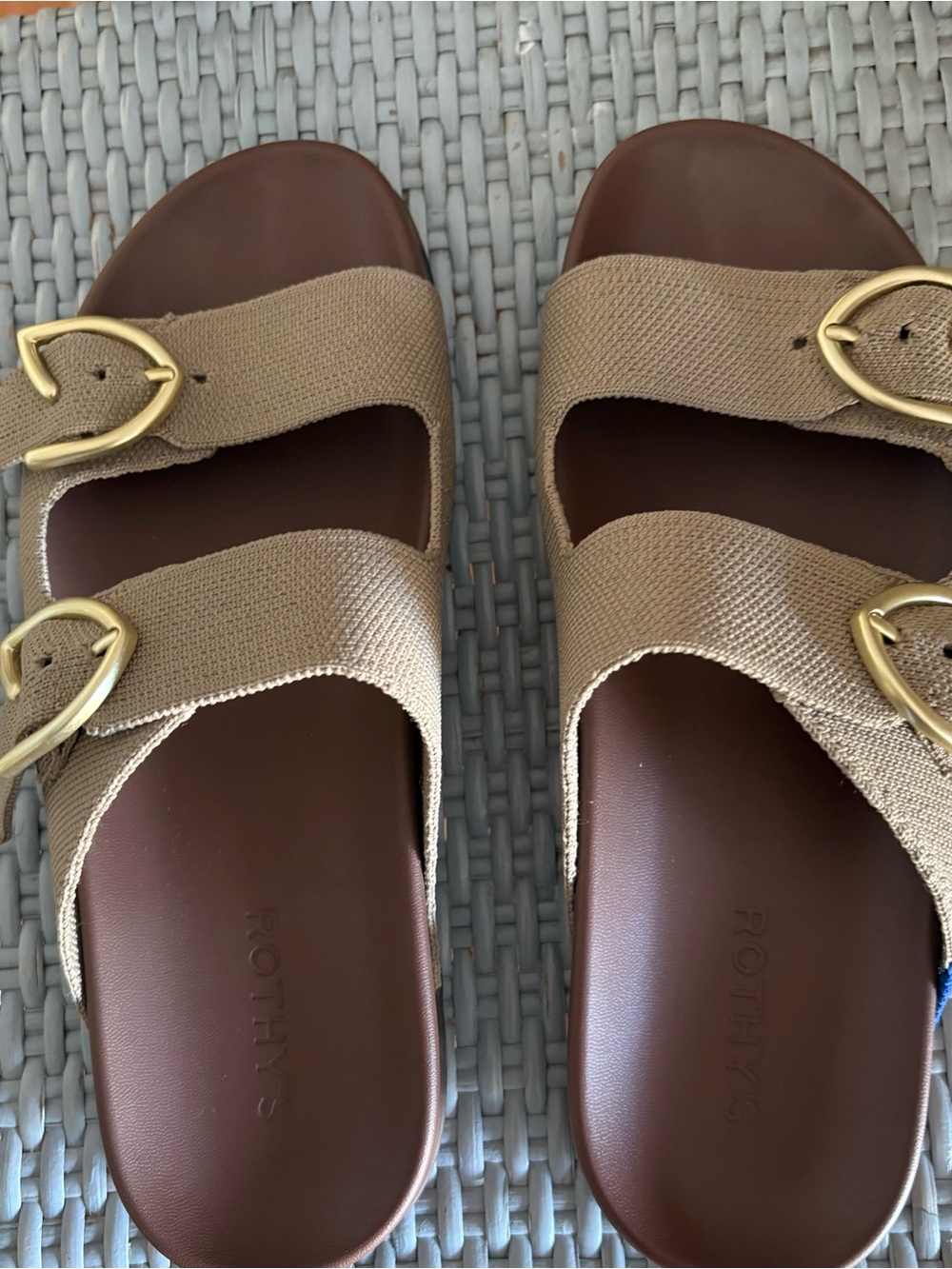 Rothy's Tan Double-Strap Slide Sandal with Gold Buckles